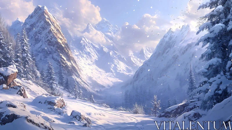 Snow-covered alpine valley with conifer trees and peaks.