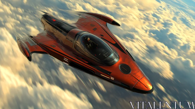 Futuristic orange spacecraft gliding above dense cloud layer.