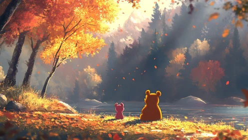 Autumn forest bears rest quietly beside a glowing lakeshore.