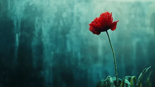Solitary red tulip rises against cool teal background.