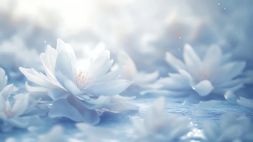 White Lotus Floating on Water in Serene Blue Light