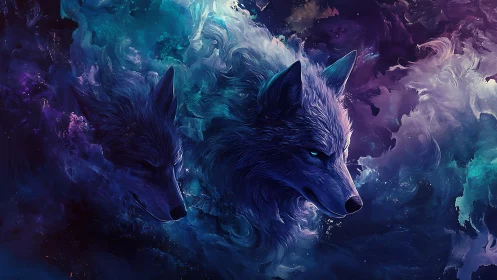 Cosmic wolf spirits drift calmly through swirling nebula clouds