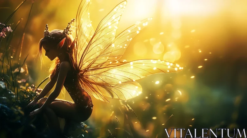 Golden forest fairy resting in glowing evening light.