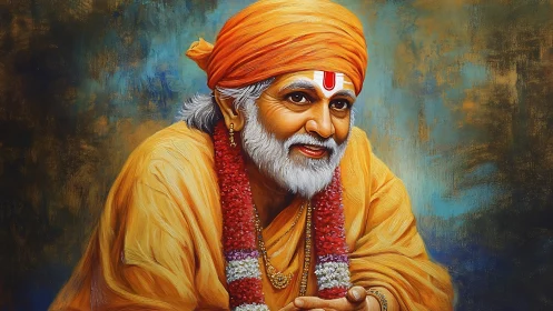 Devotional portrait of elderly Hindu guru in saffron robes