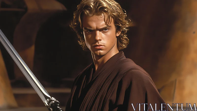 Brooding sci fi warrior with sword in cinematic light.