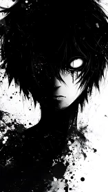 Monochrome anime silhouette emerges through splattered ink.
