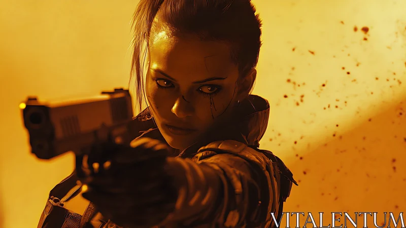 Cyberpunk heroine aims pistol under blazing amber light