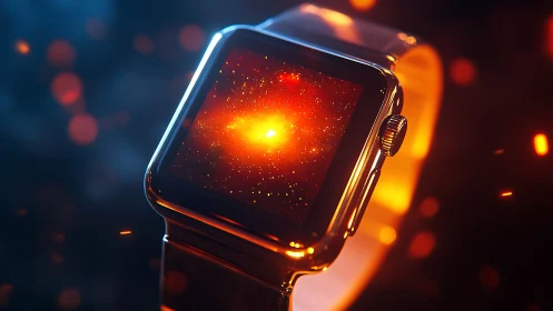 Smartwatch display renders glowing nebula-like graphic