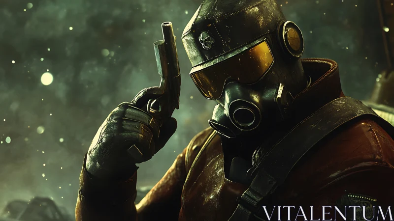 Gas-masked gunfighter in neon dust and war-torn glow.