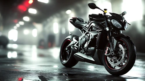 High-performance naked sport motorcycle in cinematic wet garage