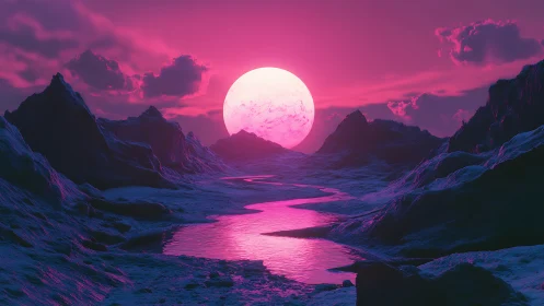 Neon magenta extraterrestrial landscape frames a radiant setting star