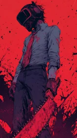 Intense helmeted fighter stands bold against crimson chaos.