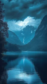 Moonlit thunder river under brooding glacier-carved peaks.