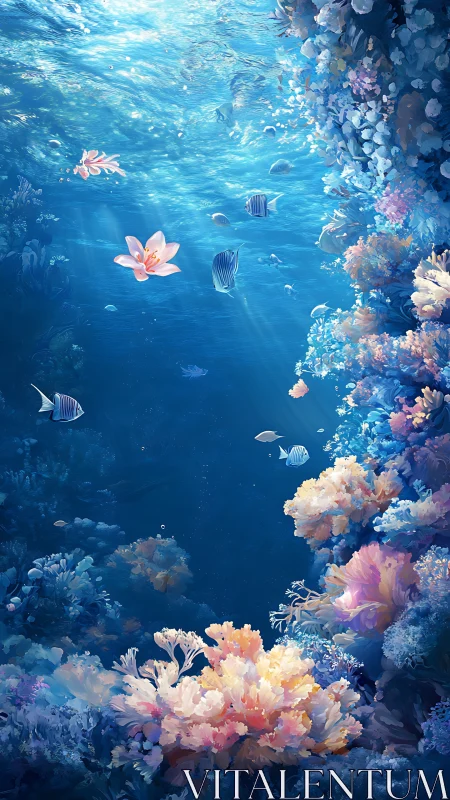 Underwater coral reef with fish and drifting surface flowers.