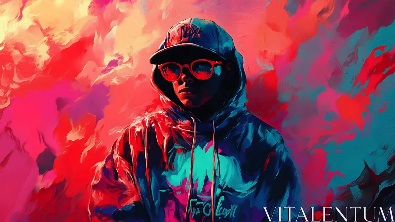 Neon hooded dreamwalker in a storm of electric paint.