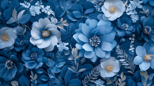 Floral Composition in Tonal Blue: Layered Botanical Digital Design.