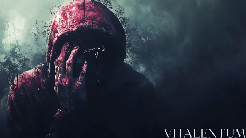 Shadowed figure in a red hoodie quietly confronts inner pain