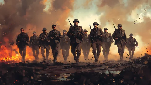 Advancing infantry squad crosses burning battlefield in painterly detail