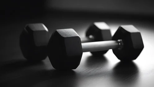 Hex dumbbells on matte floor under directional low key lighting