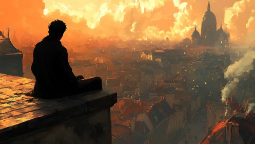 Solitary rooftop observer above sunlit smoldering cityscape