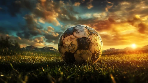 Weathered soccer ball rests on sunlit pitch at golden hour