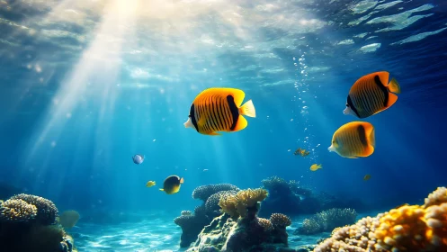 Tropical reef fish in sunlit blue underwater seascape.