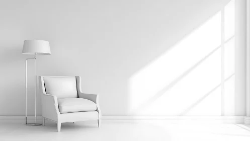 Sunlit white armchair anchors a serene minimalist corner