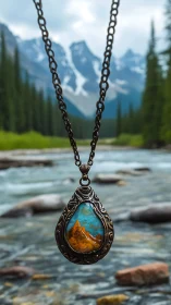 Ornate mountain pendant suspended above alpine river scene.