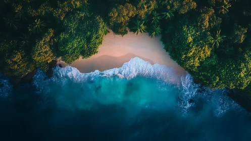 Aerial view reveals coastal landscape with dense vegetation framing turquoise water.