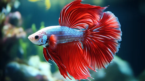 Crimson betta unfurls silk fins like underwater fireworks