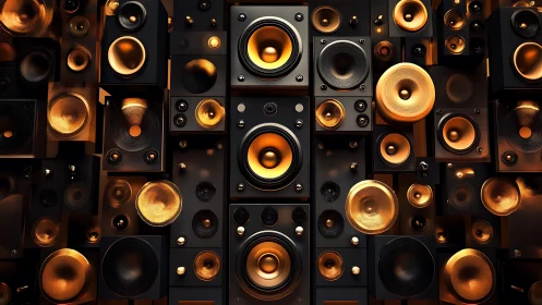 Golden speaker wall inviting you into a warm soundscape.