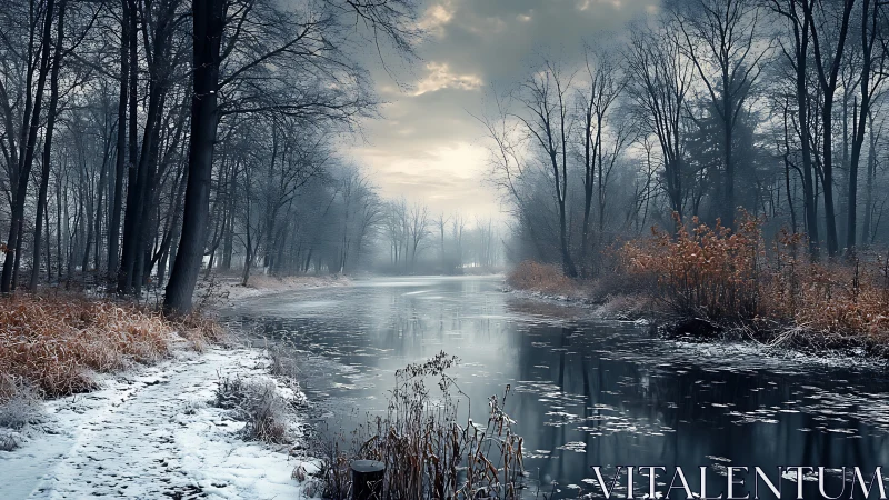 Winter river meanders through frosty forest at dawn light.