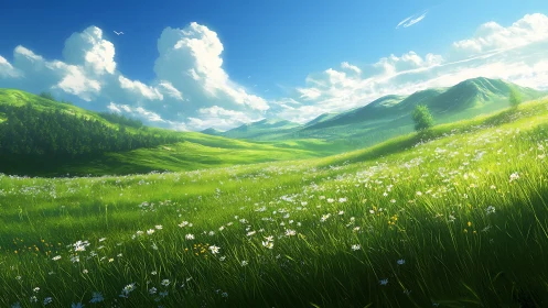 Sunlit alpine meadow with wildflowers and rolling peaks.