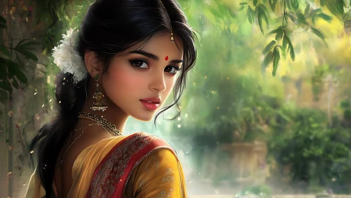 Elegant Indian Woman in Traditional Attire, Digital Art Portrait.