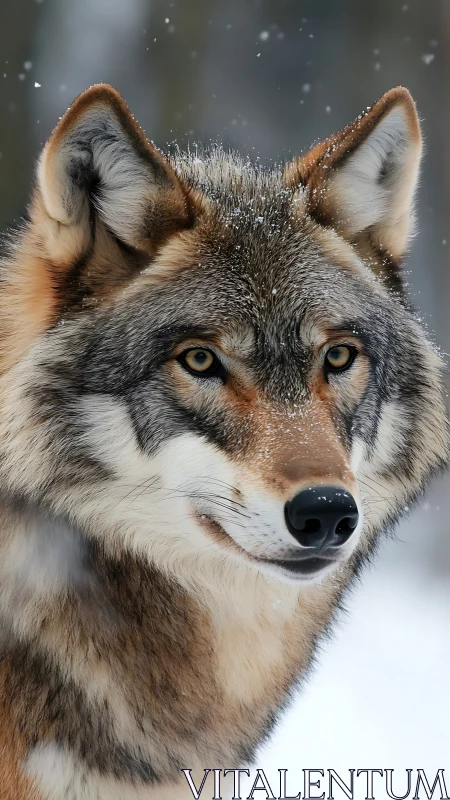 Grey wolf portrait under falling snow in winter forest.