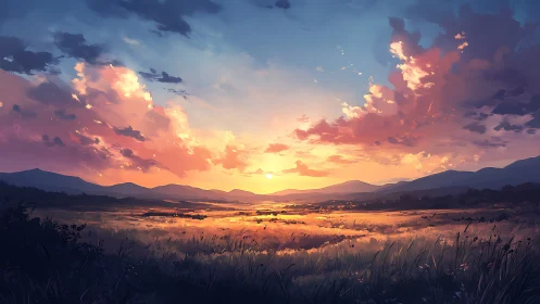 Sunset meadow panorama renders atmospheric depth and color fields