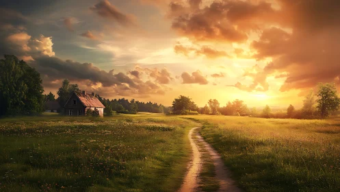 Golden sunset path leads gently toward a peaceful country home