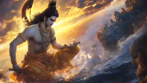 Divine warrior kneels above stormy sea at blazing sunset.