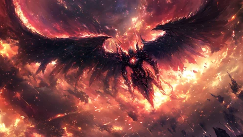 Apocalyptic dark seraph descending through incandescent storm