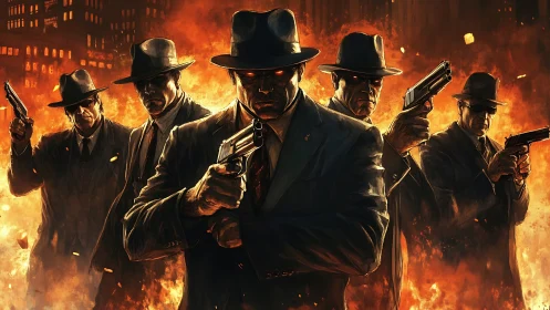 Mob enforcers advance through inferno with cinematic chiaroscuro.