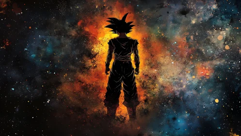 Cosmic warrior silhouette soaking in a storm of starlight.