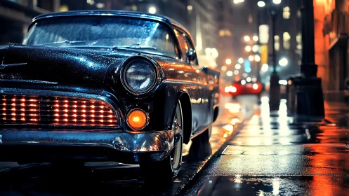Vintage car is parked on a wet city street at night