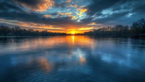 Sunset light ignites reflective river under brooding clouds