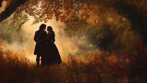 Two silhouetted figures stand in backlighting within autumn foliage setting.