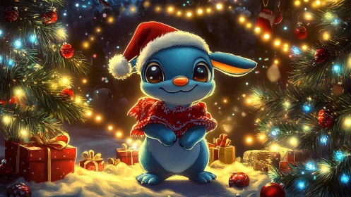 Blue holiday critter shares cozy cheer under glowing lights