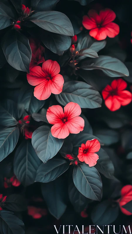 Red Flowers with Dark Foliage. Moody Botanical Macro Study.