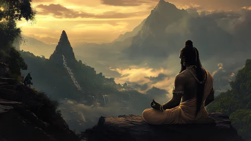 Sun-drenched sage overlooks misty temple valleys in silence