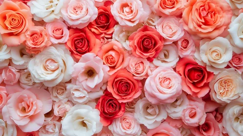 Densely Layered Rose Arrangement in Pink, Red, and Cream Tones.