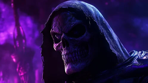 Hooded skeletal warlord under ultraviolet spectral illumination.