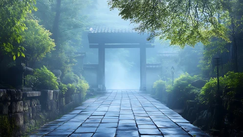 Misty garden pathway leading toward a tranquil temple gate.